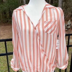Charming Charlie Shear Stiped Cross Over Button Blouse w/Roll Up Button Sleeves